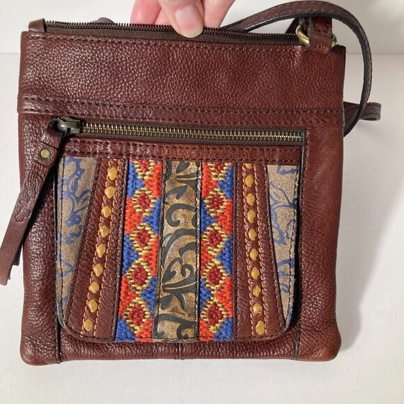 Womens Fossil Leather Tapestry Boho Crossbody Bag Brown Orange Blue 8 x 8" - Picture 1 of 9